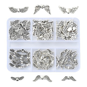 60Pcs 6 Styles Tibetan Style Alloy Wing Beads, Cadmium Free & Lead Free, Antique Silver, 4~9x14~22x2~4mm, Hole: 1~1.5mm, 10pcs/style