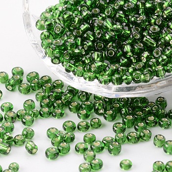 (Repacking Service Available) 6/0 Glass Seed Beads, Silver Lined Round Hole, Round, Lime Goreen, 4mm, Hole: 1.5mm, about 12G/bag