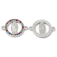Religion Alloy Connector Charms, with Colorful Rhinestone, Flat Round Links with Virgin Pattern, Platinum, 18x24x2mm, Hole: 1.8mm(FIND-A024-01P)