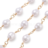 Brass Link Chains, with ABS Plastic Pearl, with Spool, Soldered, Real 18K Gold Plated, 18.5x6.5x6.5mm, 5m/roll(CHC-H109-01G-02)