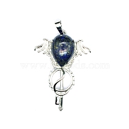 Natural Lapis Lazuli Teardrop Pendants, Platinum Tone Brass Key Scepter Wing Charms, 45x35x9mm(PW-WG60016-02)