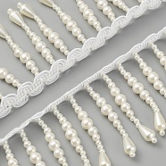 Polyester & Imitation Pearl Beaded Tassel Ribbon, Beaded Trimming, for Skirt, Curtain, White, 55x1mm(OCOR-WH0080-26A)