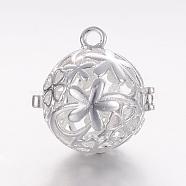 Brass Cage Pendants, For Chime Ball Pendant Necklaces Making, Hollow Round with Flower, Silver Color Plated, 18x17.5x15.5mm, Hole: 1.5mm, Inner Diameter: 11.5mm(KK-K173-01S)