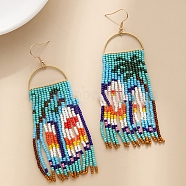 Boho Seed Bead Tree Pattern Tassel Earrings, Iron Dangle Earring for Women, Turquoise, 100x30mm(EJEW-Z072-01)