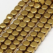 Electroplate Non-magnetic Synthetic Hematite Beads Strands, Cube, Grade A, Golden Plated, 3x3x3mm, Hole: 1mm, about 127pcs/strand, 16 inch(G-J172-3x3mm-07)