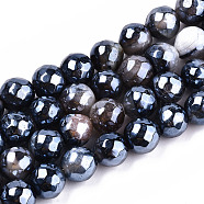 Electroplate Natural Agate Beads Strands, Dyed, Faceted, Pearl Luster Plated, Round, Black, 8.5x7~8mm, Hole: 1.2mm, about 47~48pcs/strand, 13.78 inch~13.98 inch(35cm~35.5cm)(G-T131-54A)