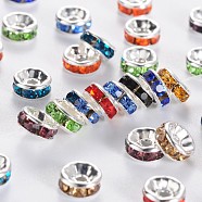 Brass Grade A Rhinestone Spacer Beads, Silver Color Plated, Nickel Free, Mixed Color, 6x3mm, Hole: 1mm(RSB036NF)