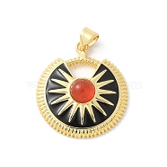 Cat Eye Pendants, Flat Round with Sun, with Brass & Enamel, Rack Plating, Long-Lasting Plated, Cadmium Free & Lead Free, Real 18K Gold Plated, Chocolate, 26x23x6mm, Hole: 4x3.5mm(KK-P294-42G-01)