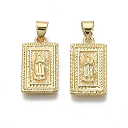 Brass Pendants, Rectangle with Saint, Nickel Free, Real 18K Gold Plated, 18x10x4mm, Hole: 3mm(KK-R133-047G-NF)