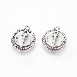 304 Stainless Steel Pendants, Ring with Anchor, Antique Silver, 17x14.5x1.5mm, Hole: 1.6mm(STAS-P217-01AS)