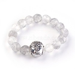 Natural Cloud Quartz Stretch Rings, with Alloy Buddha Beads, Faceted, Round, Antique Silver, Size 8, 18mm(RJEW-JR00223-07)
