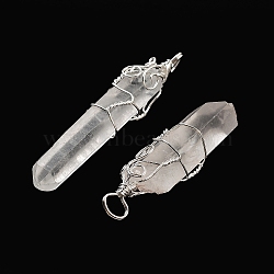 Natural Quartz Crystal Big Pointed Pendants, with Brass Findings, Bullet, Silver, 49~57x10~13mm, Hole: 5x6mm(G-P253-01S-01)