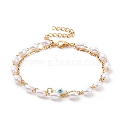 Vacuum Plating 304 Stainless Steel Multi-strand Bracelets, with Rice Plastic Beads and  Enamel Links, Hamsa Hand/Hand of Miriam with Evil Eye, Golden, White, 6-3/8 inch(16.1cm)(BJEW-E054-01G-C)