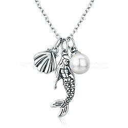Thai 925 Sterling Silver Pendant Necklaces, with Shell Pearl, Mermaid, Carved with 925, Antique Silver, 14.9 inch~17 inch(38~45cm)(NJEW-FF0004-03AS)