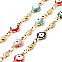 Enamel Flat Round with Evil Eye Link Chains, with Gold Plated 304 Stainless Steel Findings, Unwelded, with Spool, Colorful, 11x6x3mm, 8x3x2mm(CHS-G021-01G-02)