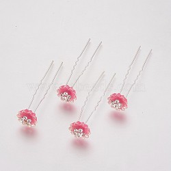 (Defective Closeout Sale), Lady's Hair Forks, with Silver Color Plated Iron Findings, Rhinestone and Resin, Flower, Crystal, Hot Pink, 75mm(PHAR-XCP0001-K02)