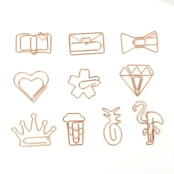 Iron Paperclips, Cute Paper Clips, Funny Bookmark Marking Clips, Include Heart & Sakura & Flamingo & Coffee Cup & Crown & Envelope with Heart & Diamond & Bowknot & Pineapple & Book Shapes, Rose Gold, 20pcs/box