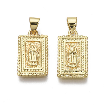 Brass Pendants, Rectangle with Saint, Nickel Free, Real 18K Gold Plated, 18x10x4mm, Hole: 3mm