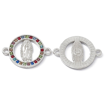 Religion Alloy Connector Charms, with Colorful Rhinestone, Flat Round Links with Virgin Pattern, Platinum, 18x24x2mm, Hole: 1.8mm