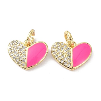 Eco-Friendly Brass Micro Pave Clear Cubic Zirconia Enamel Pendant, with Jump Rings, Long-Lasting Plated, Heart, Real 18K Gold Plated, Deep Pink, 10x12x2mm, Hole: 3.4mm