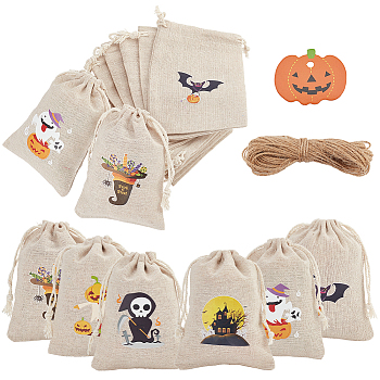 36Pcs 6 Styles Halloween Cotton Cloth Storage Pouches, Rectangle Drawstring Bags, for Candy Gift Bags, with 36Pcs Paper Gift Tags and 1 Bundle Jute Cord, Mixed Color, Pouch: 13.8x10x0.1cm, 6pcs/style, Tag: 35x45x0.5mm