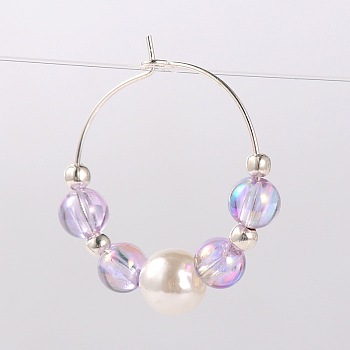 Transparent Acrylic Beads Wine Glass Charms, with Imitation Acrylic Pearl Beads and Brass Hoop Earrings, Platinum, Lilac, 29mm, Pin: 0.7mm