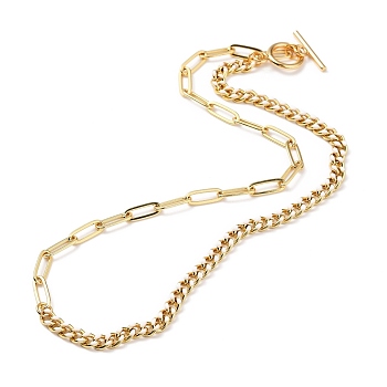 Chain Necklaces, with Brass Enamel Curb Chains & Paperclip Chains, 304 Stainless Steel Toggle Clasps, Real 18K Gold Plated, White, 17-3/8 inch(44cm)