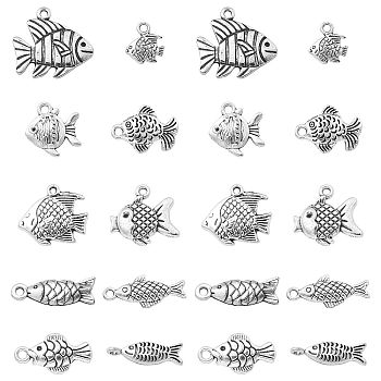 100Pcs 10 Styles Tibetan Style Alloy Charms, Fish, Cadmium Free & Lead Free, Antique Silver, 10.5~20x9.5~19x2~4mm, Hole: 1.4mm, 10pcs/style