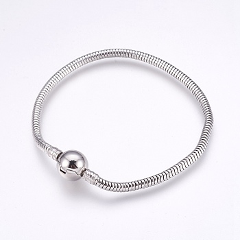 304 Stainless Steel European Style Bracelets Making, Round, Stainless Steel Color, 7-5/8 inch(19.5cm), 3mm
