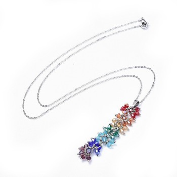Chakra Jewelry, Glass Pendant Necklaces, with 304 Stainless Steel Chains, Lobster Claw Clasps and Brass Findings, Cardboard Box, Colorful, 23.4 inch(59.5cm)