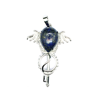 Natural Lapis Lazuli Teardrop Pendants, Platinum Tone Brass Key Scepter Wing Charms, 45x35x9mm