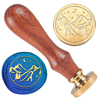 Wax Seal Stamp Set, Golden Tone Sealing Wax Stamp Solid Brass Head, with Retro Wood Handle, for Envelopes Invitations, Gift Card, Mountain, 83x22mm, Stamps: 25x14.5mm