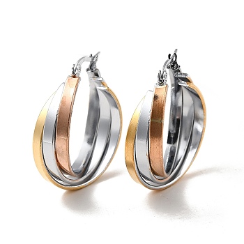 Three Tone Twist Ring 304 Stainless Steel Hoop Earrings for Women, Mixed Color, 34.5x28.5~29x10mm, Pin: 1x0.6mm