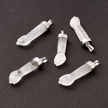 Natural Quartz Crystal Pendants, Rock Crystal Pendants, with Platinum Tone Brass Findings, Figa Hand Shapes, 43~48x12x8.6mm, Hole: 8x4.6mm