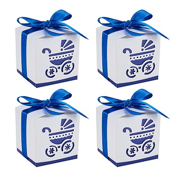 Hollow Stroller BB Car Carriage Candy Box wedding party gifts with Ribbons, Blue, 6x6x6cm