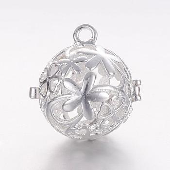 Brass Cage Pendants, For Chime Ball Pendant Necklaces Making, Hollow Round with Flower, Silver Color Plated, 18x17.5x15.5mm, Hole: 1.5mm, Inner Diameter: 11.5mm