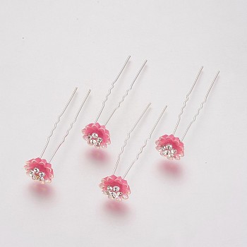(Defective Closeout Sale), Lady's Hair Forks, with Silver Color Plated Iron Findings, Rhinestone and Resin, Flower, Crystal, Hot Pink, 75mm