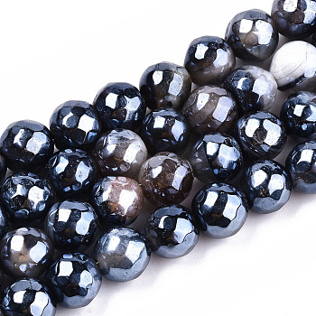 Electroplate Natural Fire Crackle Agate Beads Strands, Dyed, Faceted, Pearl Luster Plated, Round, Black, 8.5x7~8mm, Hole: 1.2mm, about 47~48pcs/strand, 13.78 inch~13.98 inch(35cm~35.5cm)