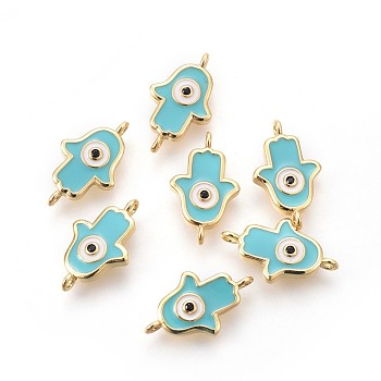 Brass Enamel Links, Long-Lasting Plated, Hamsa Hand/Hand of Fatima /Hand of Miriam with Evil Eye, Turquoise, Real 18K Gold Plated, 16.5x10x2mm, Hole: 1mm