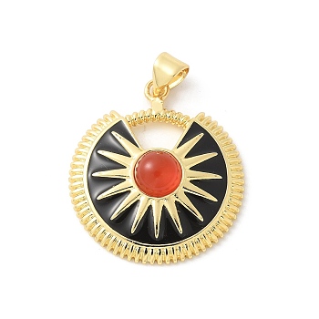 Cat Eye Pendants, Flat Round with Sun, with Brass & Enamel, Rack Plating, Long-Lasting Plated, Cadmium Free & Lead Free, Real 18K Gold Plated, Chocolate, 26x23x6mm, Hole: 4x3.5mm