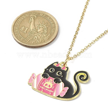 Halloween Theme Alloy Enamel Cat Pendant Necklace with 304 Stainless Steel Cable Chains(NJEW-JN04371)-3