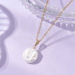 Natural Baroque Pearl Keshi Pearl Flat Round Pendant 304 Stainless Steel Cable Chain Necklaces, White, Golden, 17.52 inch(44.5cm)(NJEW-JN05892)