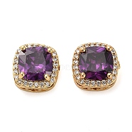Brass Micro Pave Cubic Zirconia Beads, Real 18K Gold Plated, Square, Purple, 11x11x7.5mm, Hole: 2mm(KK-D093-05G-03)