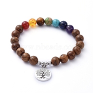 Chakra Jewelry, Stretch Charm Bracelets, with Natural Gemstone Beads, Wood Beads, Alloy Pendants and 304 Stainless Steel Beads, Flat Round with Tree, Antique Silver, Inner Diameter: 2 inch(5cm)(X-BJEW-JB05232-04)