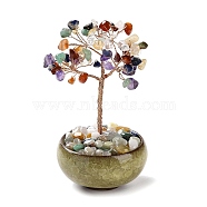 Natural Mixed Stone Chips Tree Decorations, Ceramic Bowl Base Copper Wire Feng Shui Energy Stone Gift for Home Desktop Decoration, 67~70x110~115mm(DJEW-M012-02C)