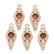 Brass Micro Pave Cubic Zirconia Links Connectors, with Glass, Horse Eye, Long-Lasting Plated, Light Gold, Red, 19.5x8x3mm, Hole: 1.2mm(X-KK-R111-001-A01)