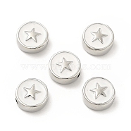 Brass Enamel Beads, Flat Round with Star, Platinum, White, 10.8x4.6mm, Hole: 2mm(KK-E068-VB453-2)