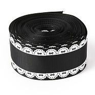Polyester Printed Grosgrain Ribbon, Single Face Lace Pattern, for DIY Handmade Craft, Gift Decoration , Black, 1-1/2 inch(38mm), 10 yards/roll(9.14m/roll)(OCOR-I010-06F)