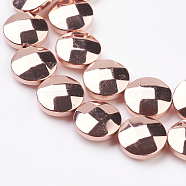 Electroplate Non-magnetic Synthetic Hematite Beads Strands, Grade AAA, Faceted, Flat Round, Rose Gold Plated, 12x4.5mm, Hole: 1mm, about 34pcs/strand, 15.9 inch(40.5cm)(G-K259-55-12mm-01RG)