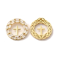 Brass Micro Pave Cubic Zirconia Pendants, Flat Round with Cross Charm, Golden, Religion, Clear, 24x3.5mm, Hole: 2x3mm(KK-A180-14G-02)